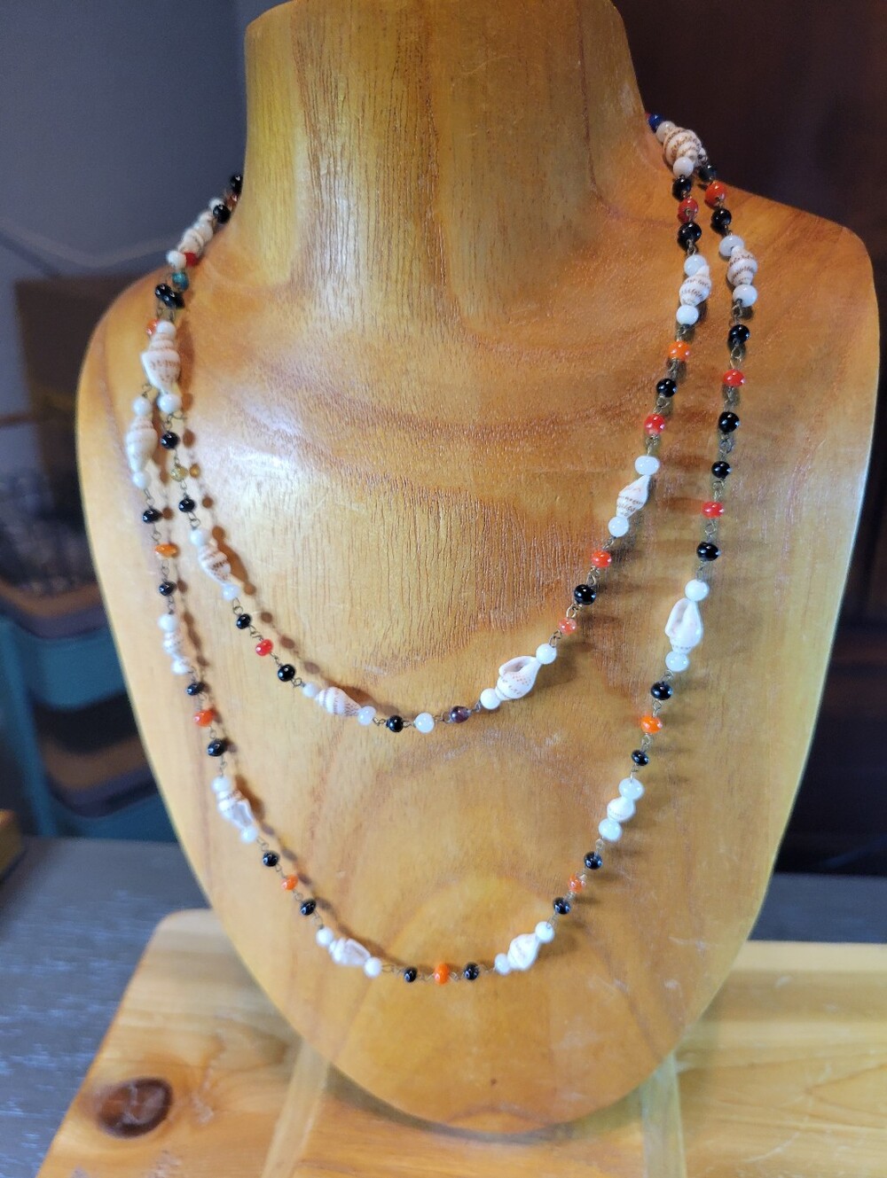 Handmade Beachy White Shell & Black Bead Necklace w Red Accents Fashion Jewelry